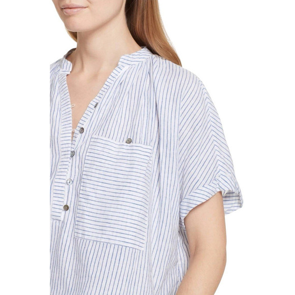 Free People For Keeps Oversized Tunic Top XS Blue Striped Linen Coastal Boho - Picture 4 of 16